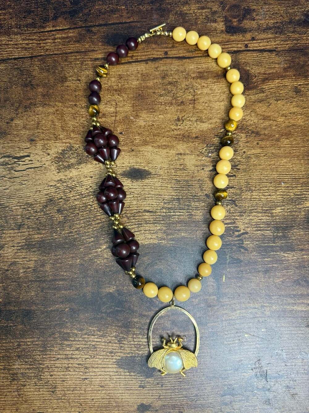 Repurposed Vintage Necklace with Bee pendant, Yellow, Brown & tiger’s eye beads
